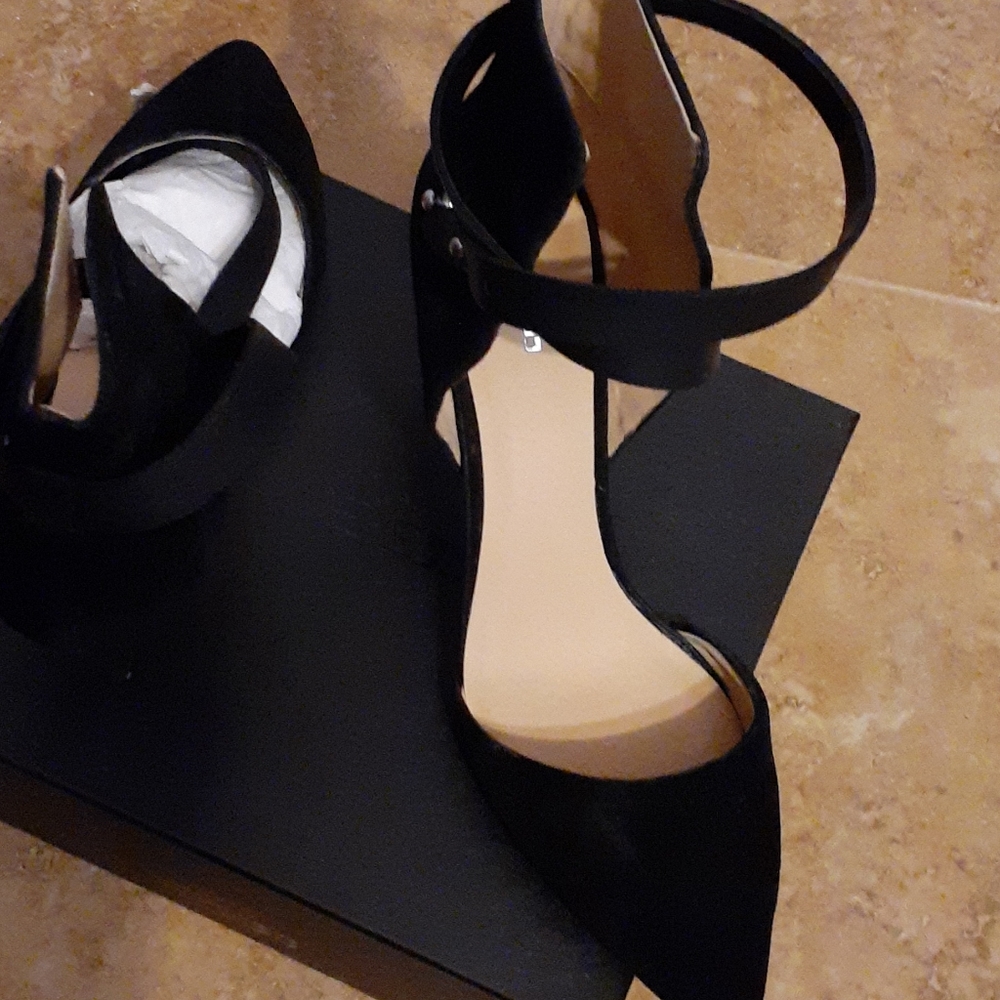 Black suede ankle wrap pumps